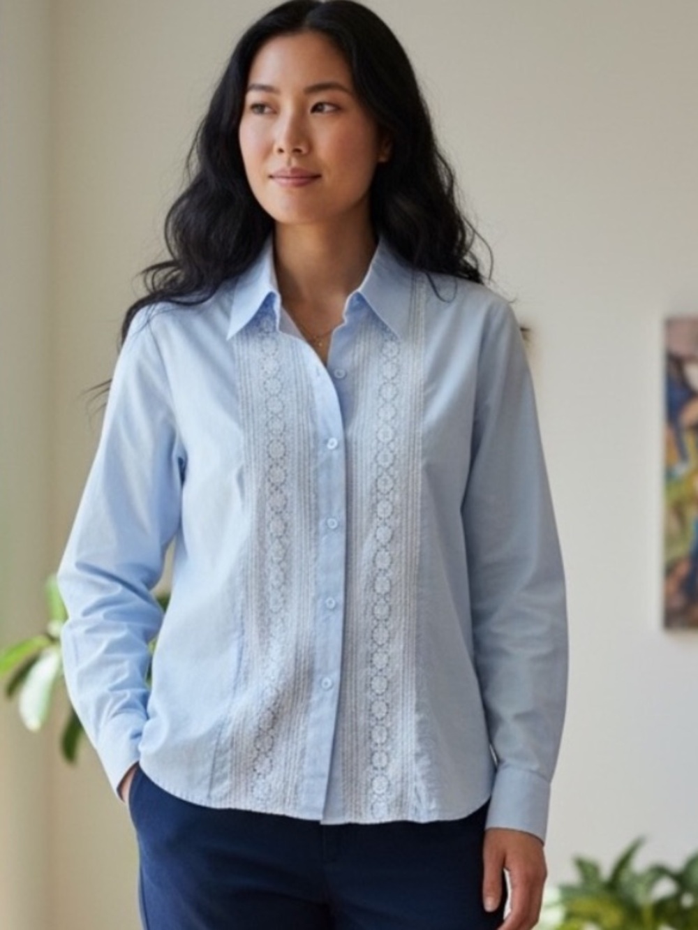 Light blue long sleeve embroidered button up shirt. Fantastic detailing. Sz L
